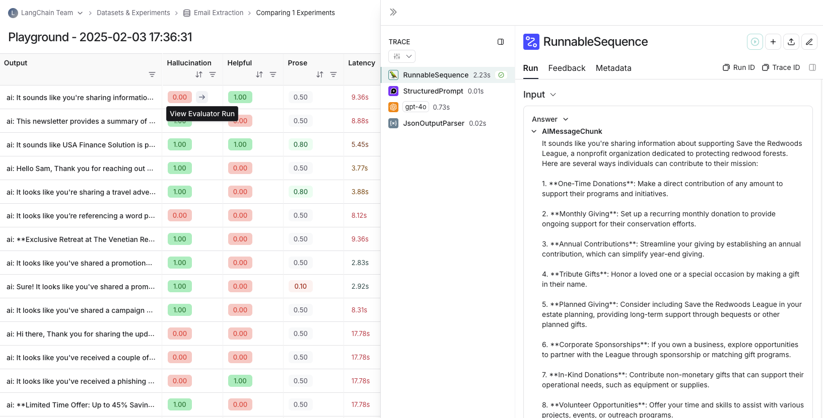 View evaluator runs